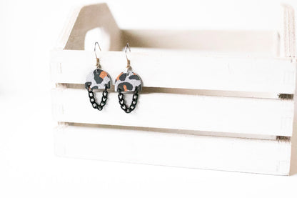 Leather Earrings / Black Mini Chain Drop / Sparkle Leopard Silver