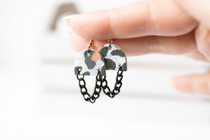 Leather Earrings / Black Mini Chain Drop / Sparkle Leopard Silver