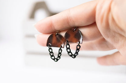 Leather Earrings / Black Mini Chain Drop / Tortoise Shell