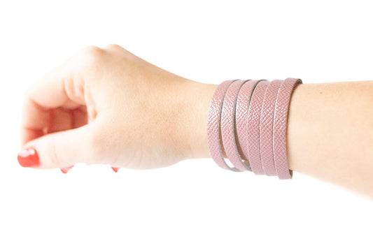 Leather Bracelet / Skinny Sliced Wrap Cuff / Desert Rose