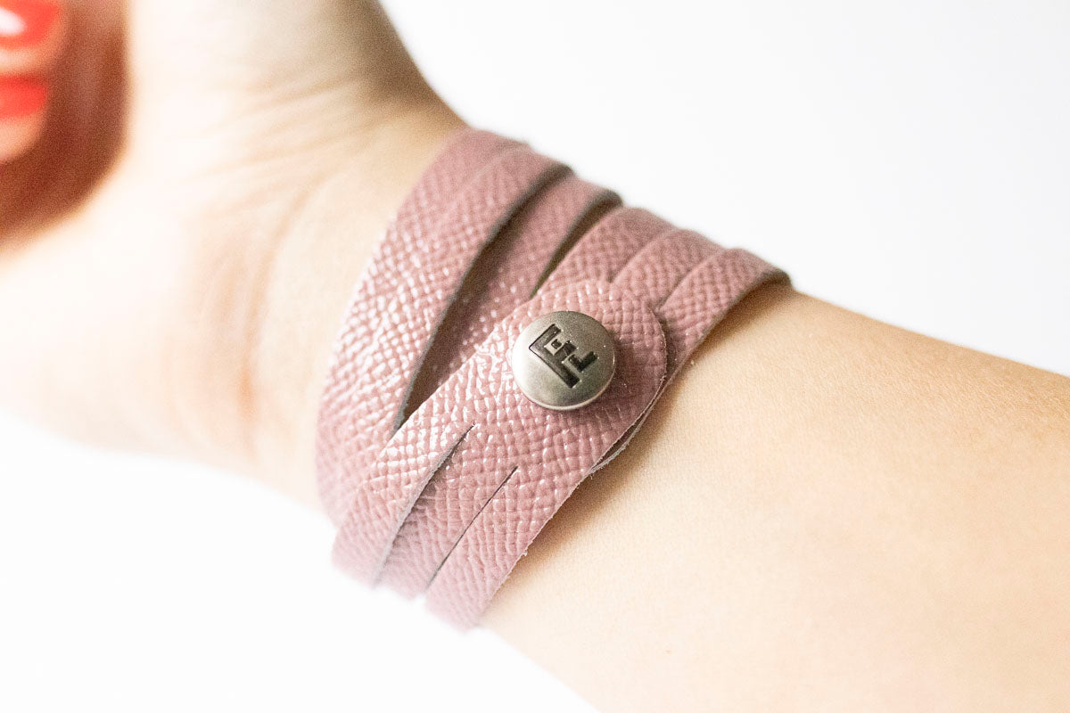 Leather Bracelet / Skinny Sliced Wrap Cuff / Desert Rose