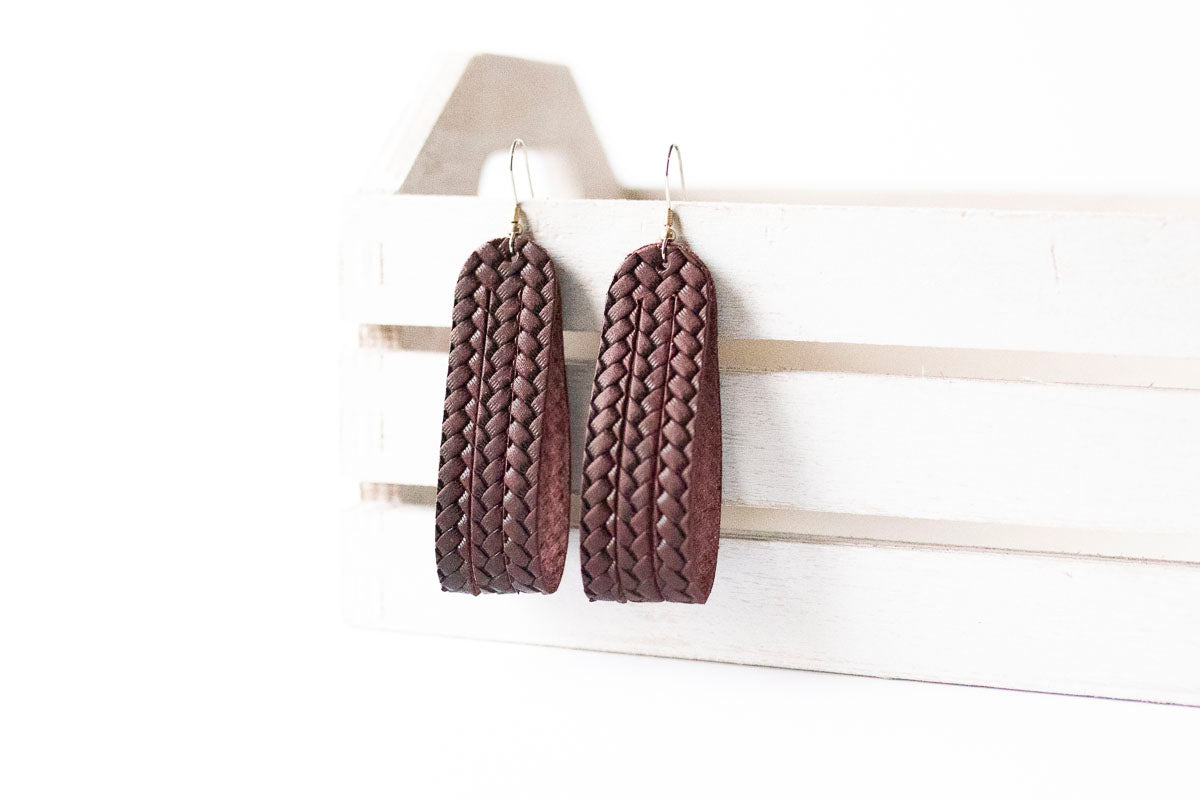 Leather Earrings / Sliced Leather / Woven Cabernet