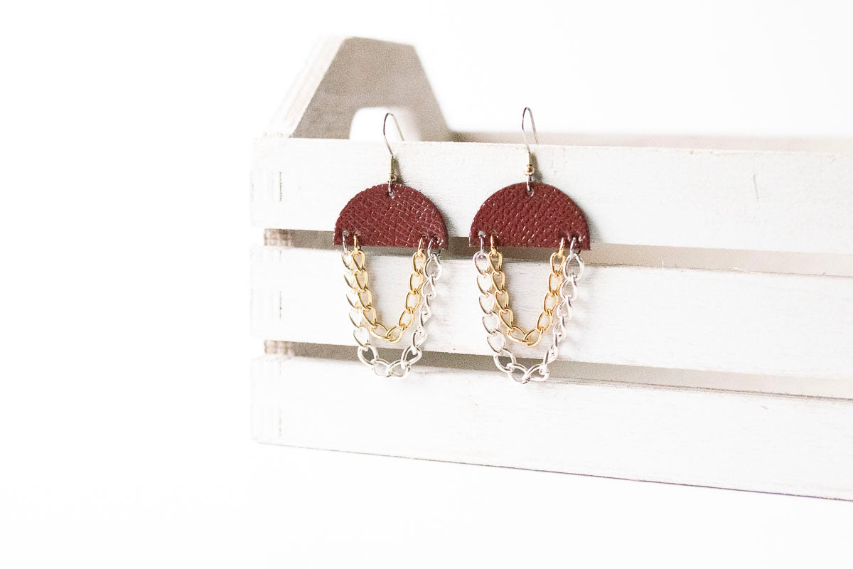 Leather Earrings / Chain Drop / Cherry Sage