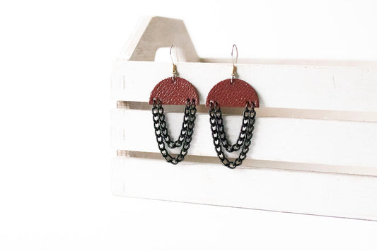 Leather Earrings / Black Chain Drop / Cherry Sage