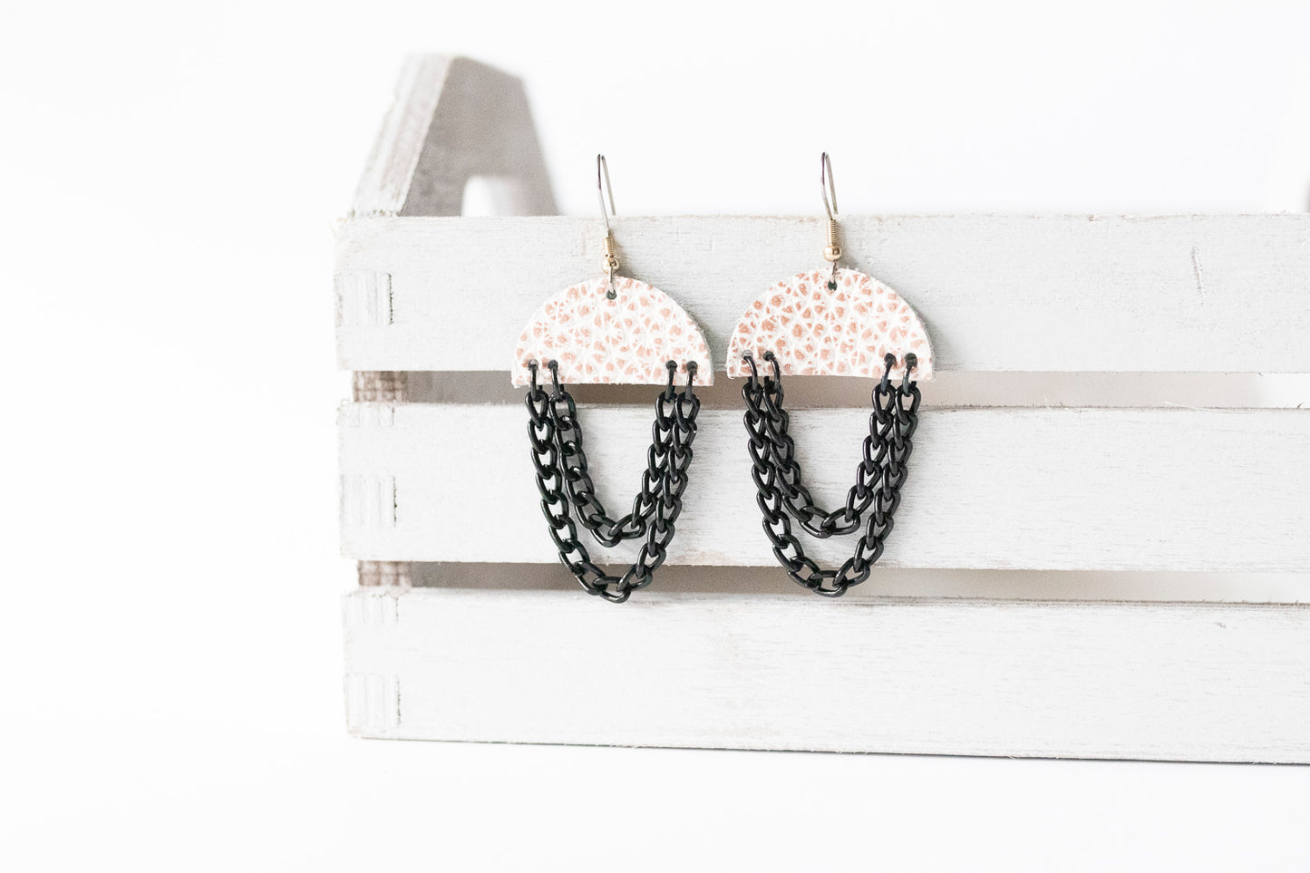 Leather Earrings / Black Chain Drop / White Sands
