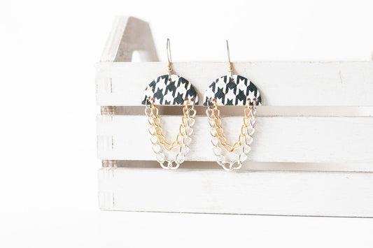 Leather Earrings / Chain Drop / Houndstooth Cork