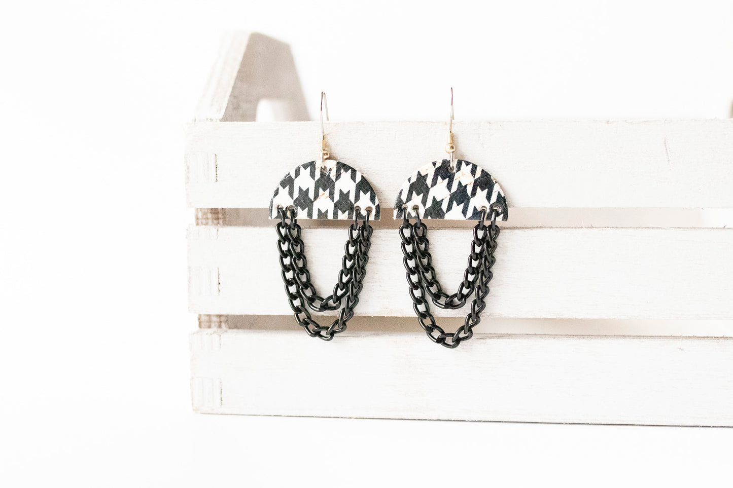 Leather Earrings / Black Chain Drop / Houndstooth Cork