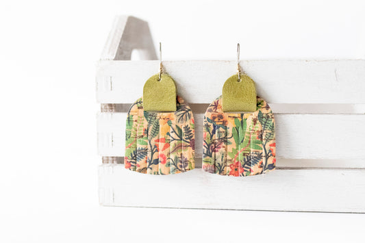 Leather Earrings / Fringies / Wild Rainforest Cork & Grass Green