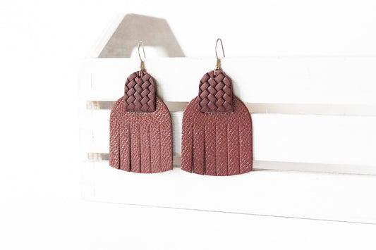 Leather Earrings / Fringies / Cherry Sage & Woven Cabernet