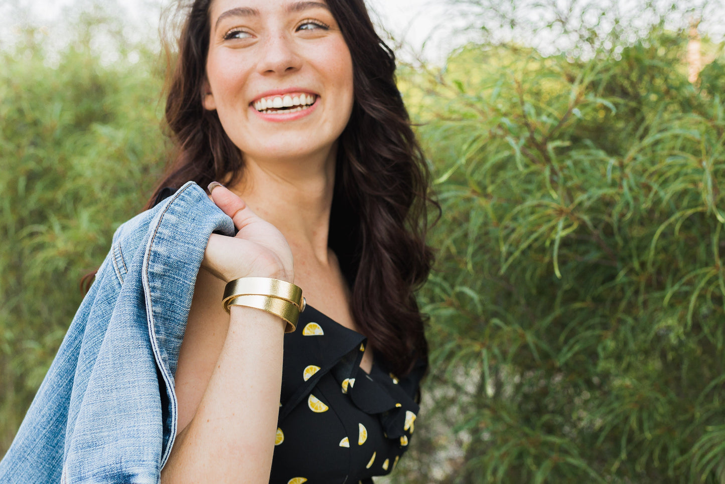 Leather Bracelet / Slim Wrap Cuff / Golden Fern