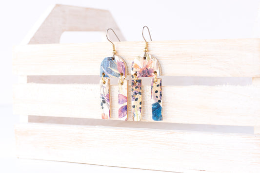 Leather Earrings / Mini Sunrays / Pressed Flowers Cork