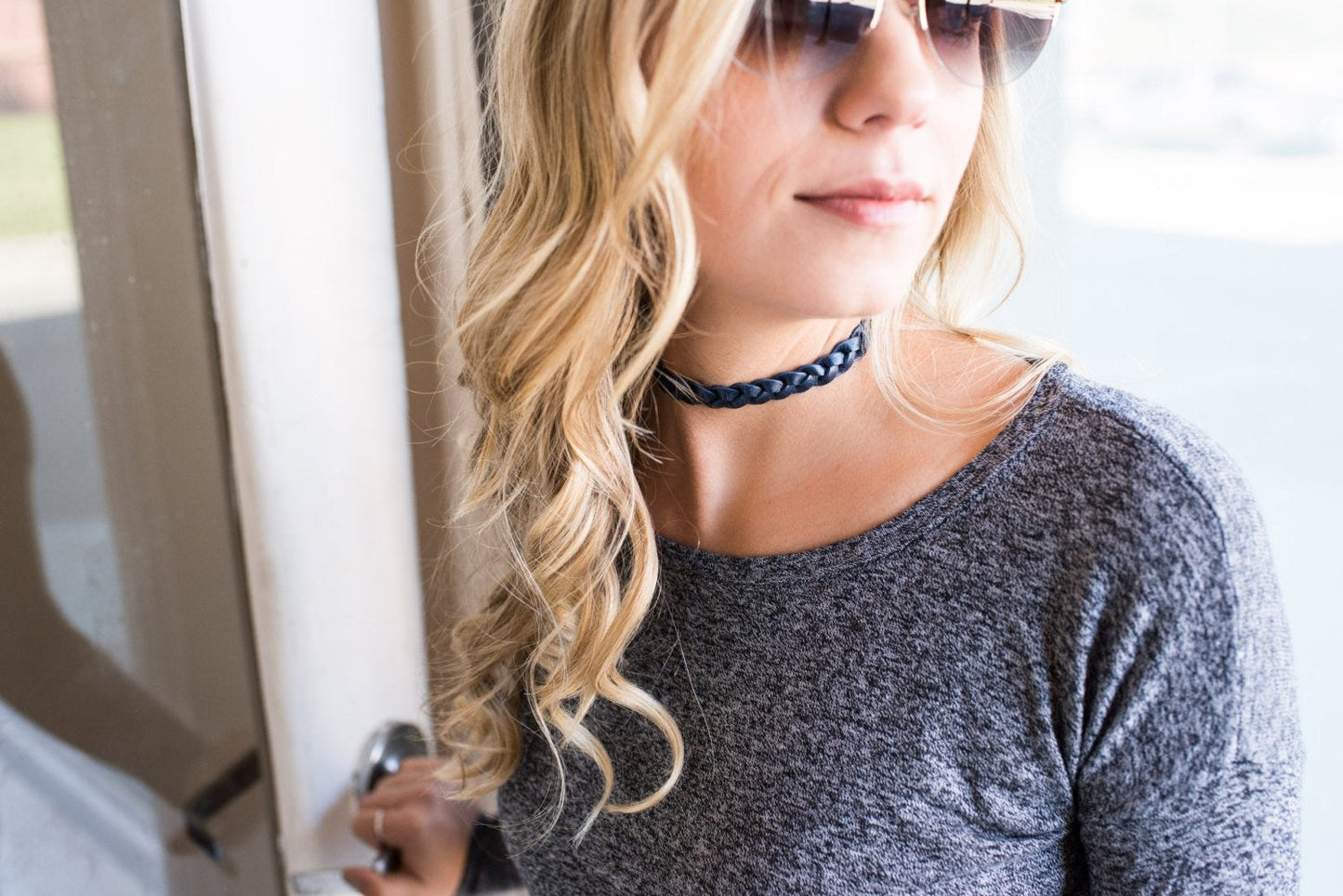 Braided Leather Choker / Necklace / Shiny Silver
