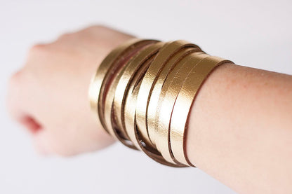 Leather Bracelet / Original Sliced Wrap Cuff / Metallic Gold